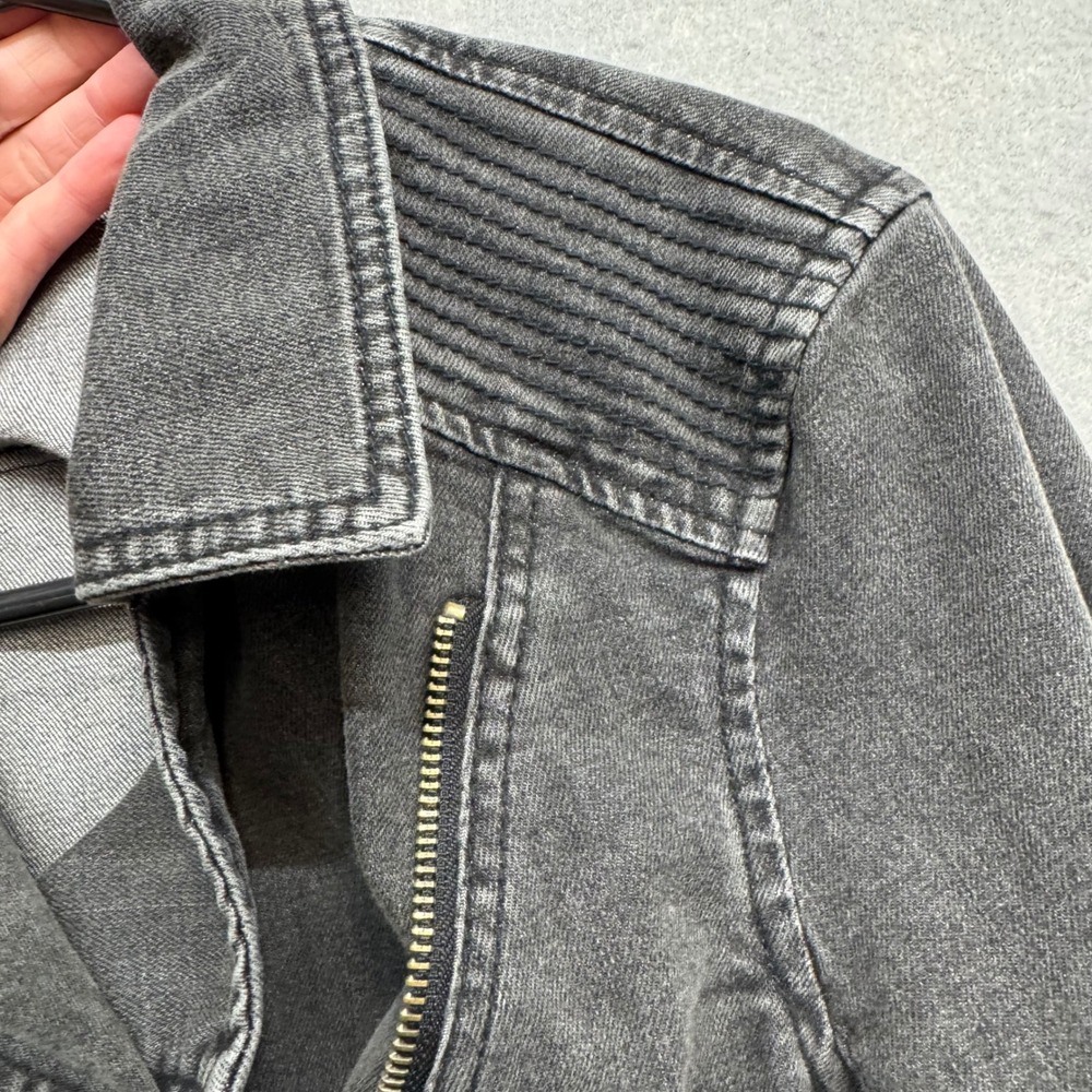 Free People Womens XS Black Denim Moto Jacket Cropped Biker Asymmetrical Zip - Picture 8 of 11